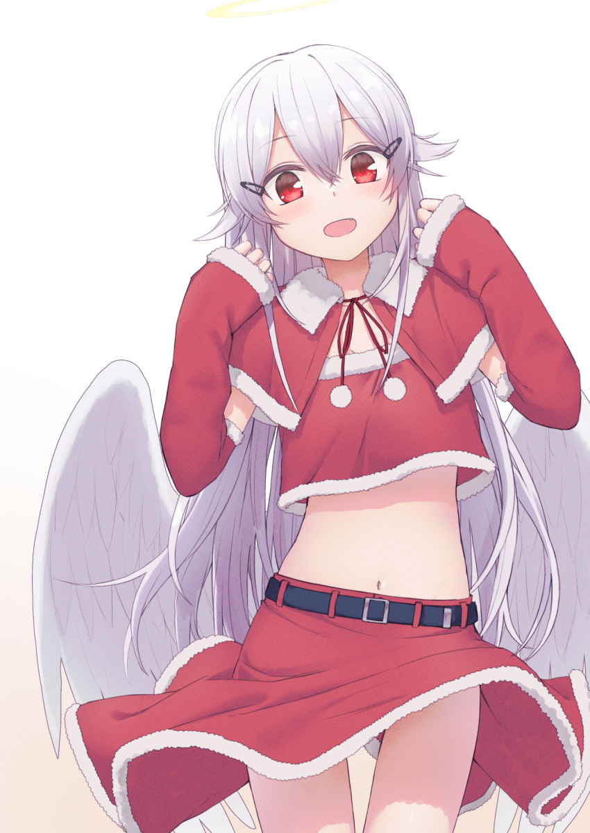 1girl albino angel angel_wings bangs blush commentary detached_sleeves eyebrows_visible_through_hair feathered_wings hair_between_eyes hair_ornament hairclip halo hands_up highres kawama_shuusuke long_hair low_wings navel open_mouth original red_eyes red_ribbon ribbon santa_costume simple_background solo very_long_hair white_hair white_wings wind wind_lift wings