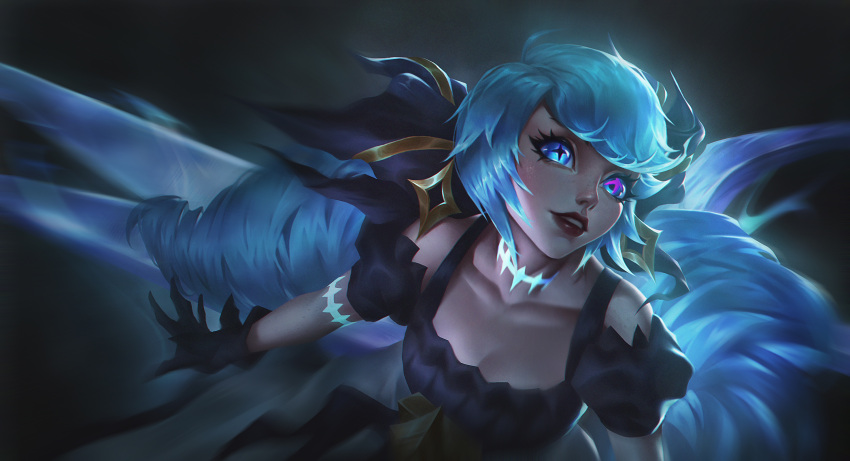 1girl bangs black_gloves blue_eyes blue_hair collarbone detached_sleeves drill_hair gloves gradient gradient_background grey_background gwen_(league_of_legends) highres league_of_legends long_hair puffy_short_sleeves puffy_sleeves red_lips shiny shiny_hair short_sleeves smile solo star-shaped_pupils star_(symbol) symbol-shaped_pupils teeth twin_drills twintails upper_body wumei_(wujiaheng)