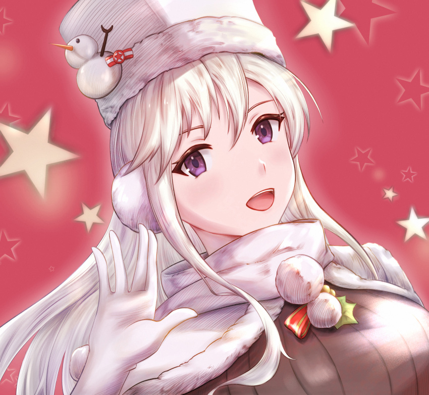 1girl absurdres azur_lane breasts christmas coat dutch_angle earmuffs enterprise_(azur_lane) enterprise_(reindeer_master)_(azur_lane) fangxingdeyinxue gloves hair_between_eyes highres large_breasts long_hair looking_at_viewer official_alternate_costume open_mouth red_background santa_costume scarf snowman_hair_ornament solo star_(symbol) upper_body violet_eyes white_gloves white_santa_costume white_scarf winter_clothes winter_coat