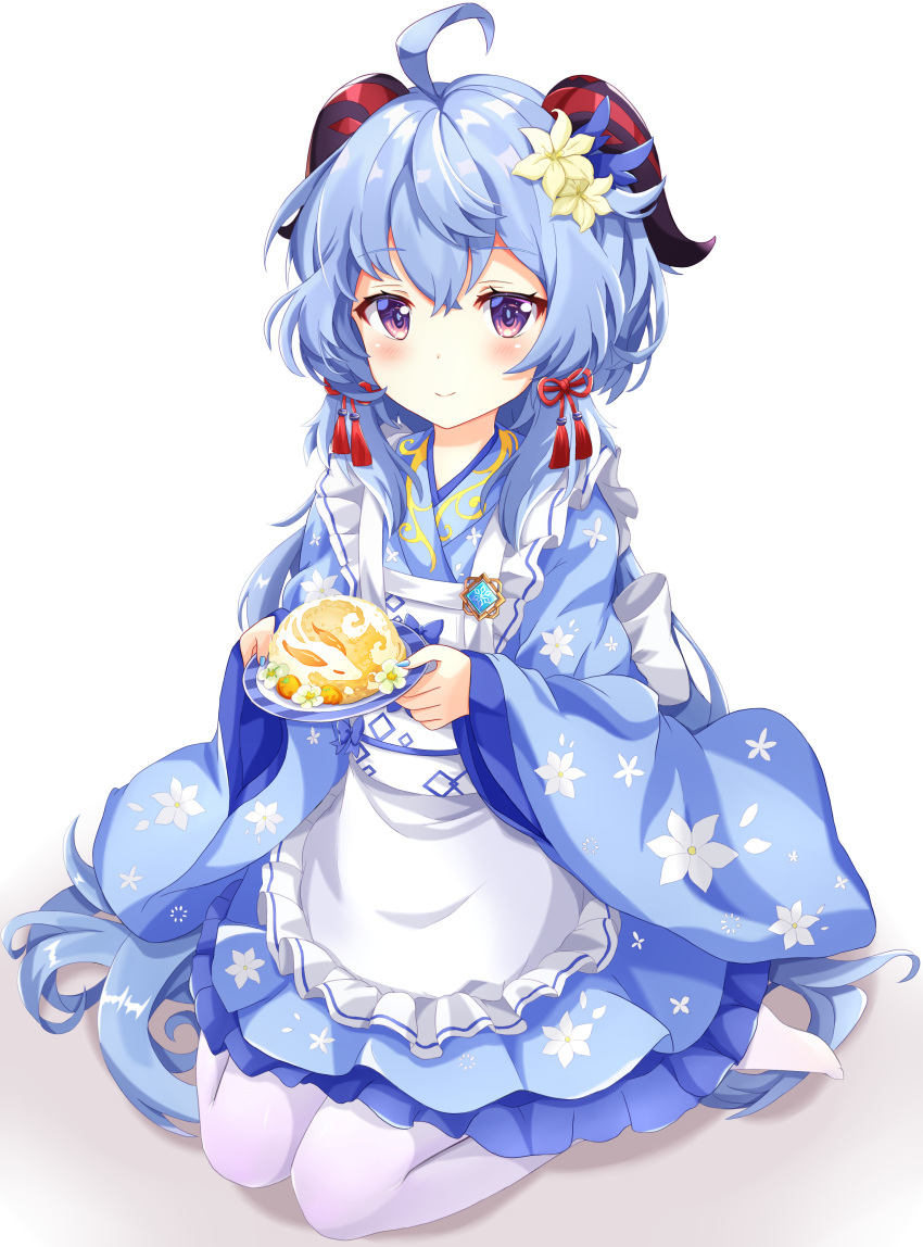 1girl absurdres ahoge alternate_costume apron bangs blue_hair blue_kimono blush eyebrows_visible_through_hair flower food ganyu_(genshin_impact) genshin_impact hair_ornament hairclip highres holding holding_food horns japanese_clothes kimono long_hair looking_at_viewer pantyhose prosperous_peace_(genshin_impact) seiza sitting smile solo tassel violet_eyes vision_(genshin_impact) white_background white_flower white_legwear yuki_kokoro