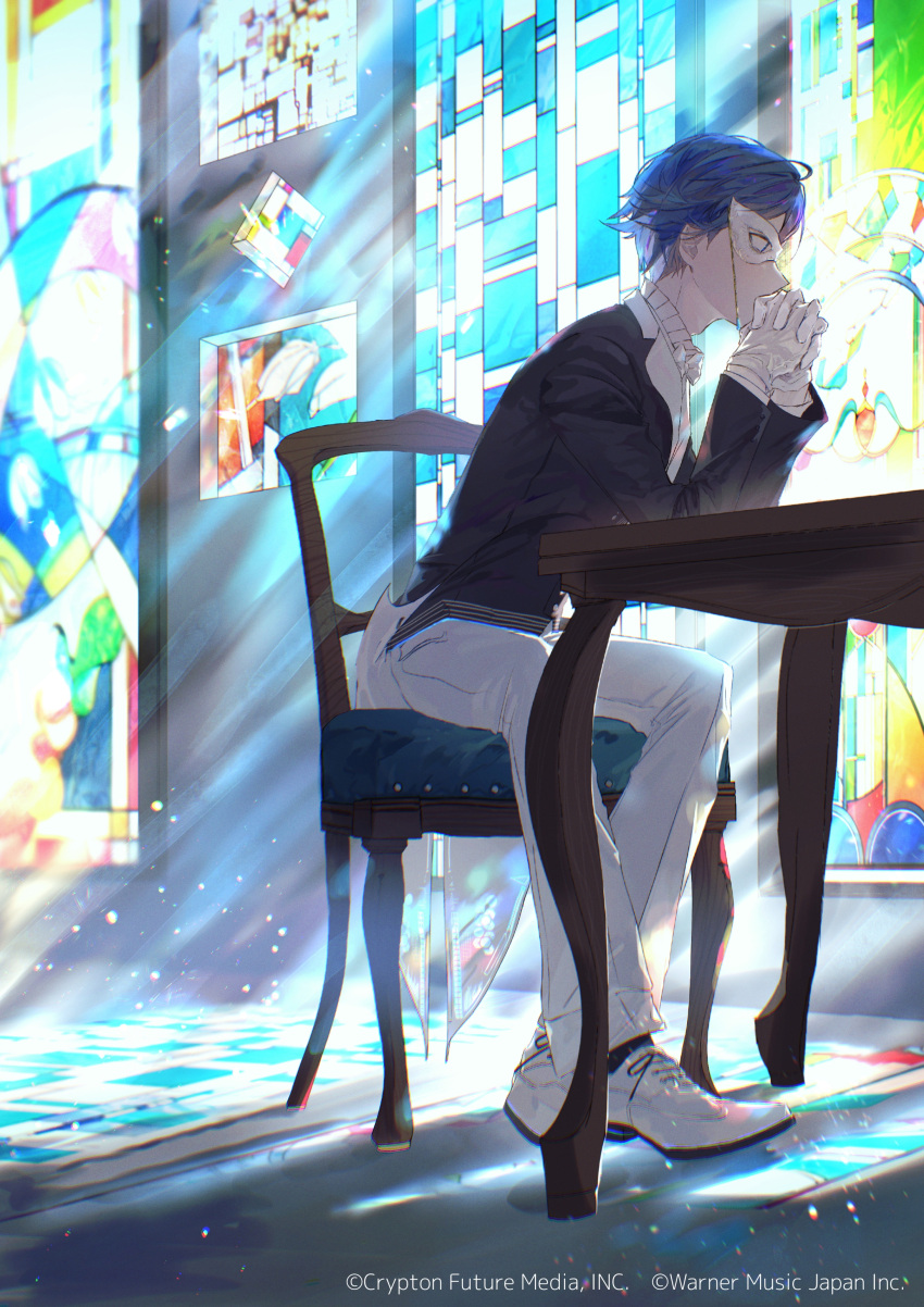 1boy absurdres arm_support black_jacket blue_eyes blue_hair chair commentary formal from_side full_body gloves half_mask hand_to_own_mouth highres indoors interlocked_fingers jacket kaito_(vocaloid) karanagare_4 leaning_forward light male_focus mask miku_symphony_(vocaloid) own_hands_clasped own_hands_together pants sitting solo stained_glass suit suit_jacket table vocaloid white_footwear white_gloves white_mask white_pants window