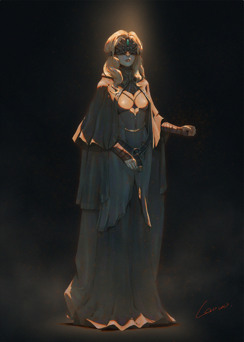 1girl absurdres armor black_background blindfold blonde_hair breasts capelet cloak closed_mouth covered_eyes dark_souls_(series) dark_souls_iii dress fire_keeper full_body highres jewelry light long_hair mask medium_breasts necklace signature solo standing wumei_(wujiaheng)