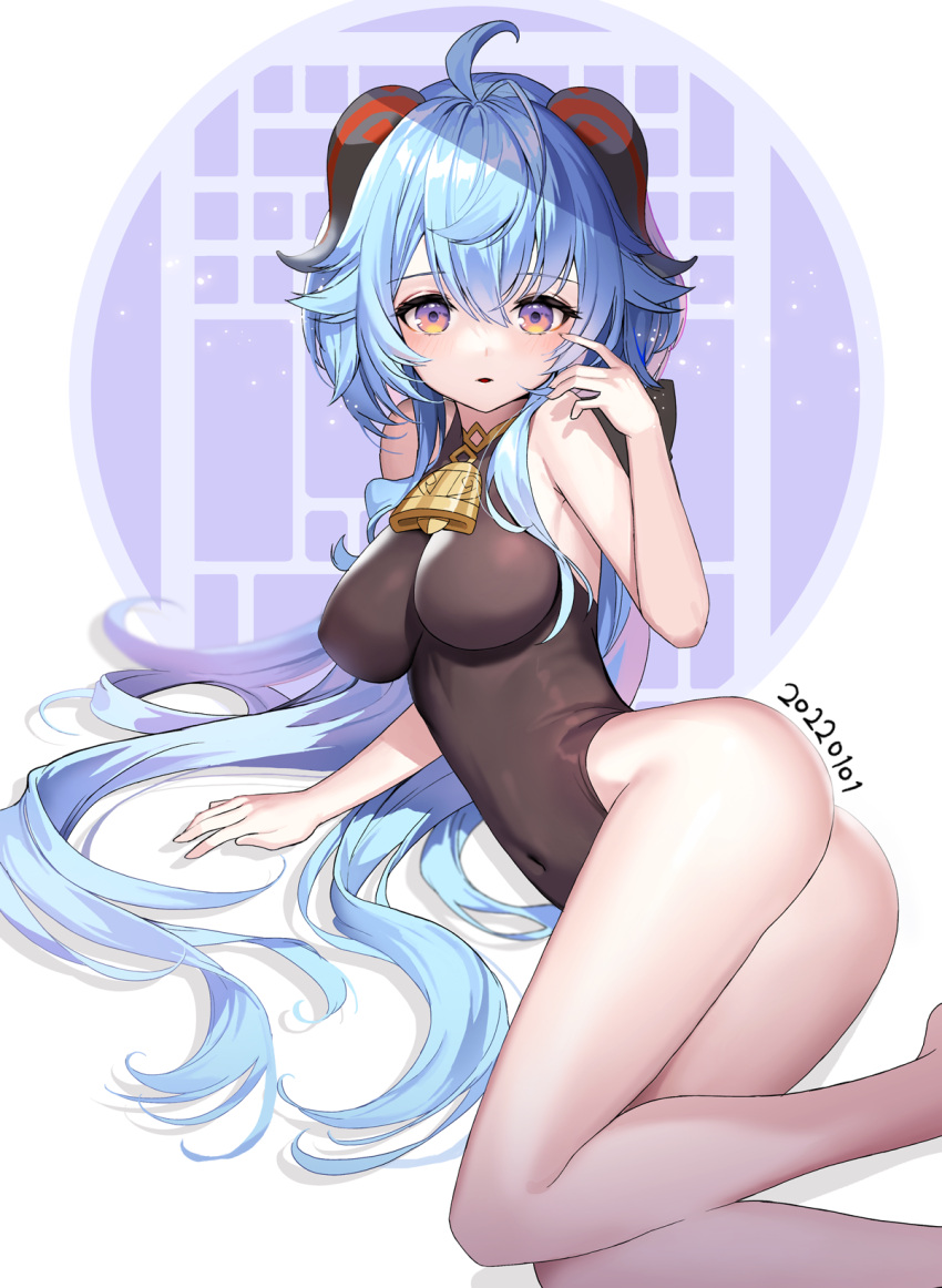 1girl ahoge ass bare_arms bare_shoulders barefoot bell black_leotard blue_hair breasts covered_navel cowbell ganyu_(genshin_impact) genshin_impact goat_horns hand_up highleg highleg_leotard highres horns hyoin impossible_clothes impossible_leotard leotard long_hair looking_at_viewer low_ponytail medium_breasts parted_lips solo thighs very_long_hair violet_eyes