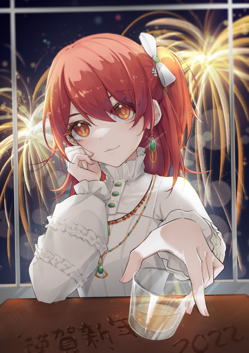 1girl 2022 :3 alternate_costume alternate_hair_length alternate_hairstyle arknights bow closed_mouth cup drink drinking_glass exusiai_(arknights) fireworks frilled_shirt frills hair_bow highres holding holding_cup indoors jewelry long_sleeves looking_at_viewer necklace nekonomi night one_side_up orange_eyes redhead shirt smile solo translation_request upper_body white_bow white_shirt window wooden_table