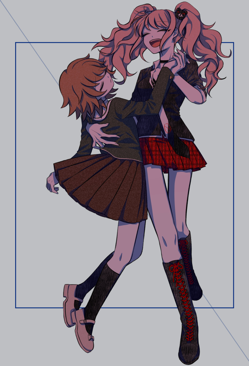 1boy 1girl :d bear_hair_ornament black_choker black_footwear black_necktie blue_eyes boots breasts brown_eyes brown_hair brown_skirt choker collarbone corpse dancing danganronpa:_trigger_happy_havoc danganronpa_(series) enoshima_junko eyebrows_visible_through_hair fujisaki_chihiro full_body green_jacket grey_background grey_footwear hair_ornament highres jacket jun_(jung_rk) knee_boots kneehighs long_hair medium_breasts multicolored_necktie necktie otoko_no_ko plaid plaid_skirt pleated_skirt red_skirt shoes short_hair simple_background skirt smile teeth twintails upper_teeth white_necktie