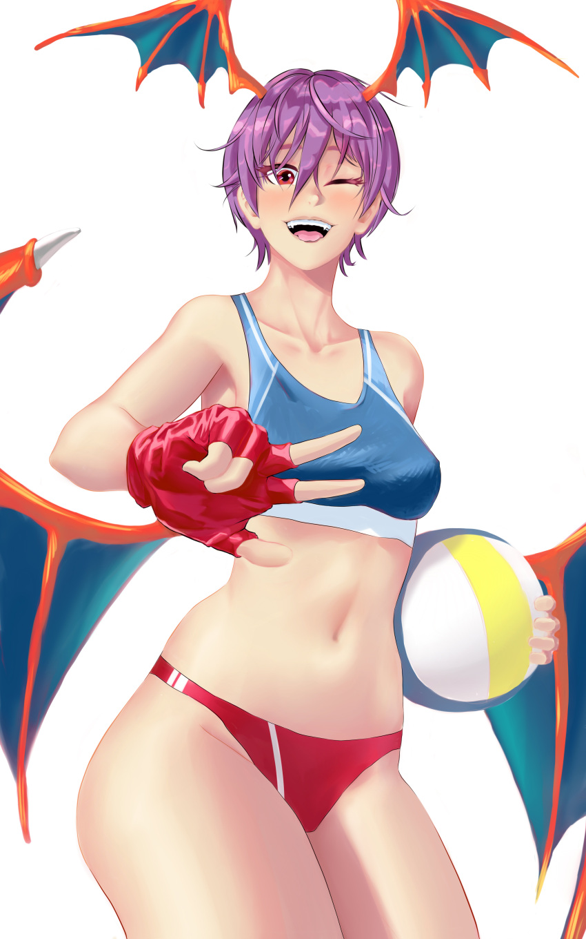 1girl absurdres alternate_costume ball bikini blue_bikini breasts demon_girl fingerless_gloves gloves hair_between_eyes head_wings highres holding holding_ball lilith_aensland makitogreen medium_breasts mismatched_bikini navel one_eye_closed open_mouth purple_hair red_bikini red_gloves red_wings shadow short_hair simple_background smile solo summer swimsuit vampire_(game) white_background wings
