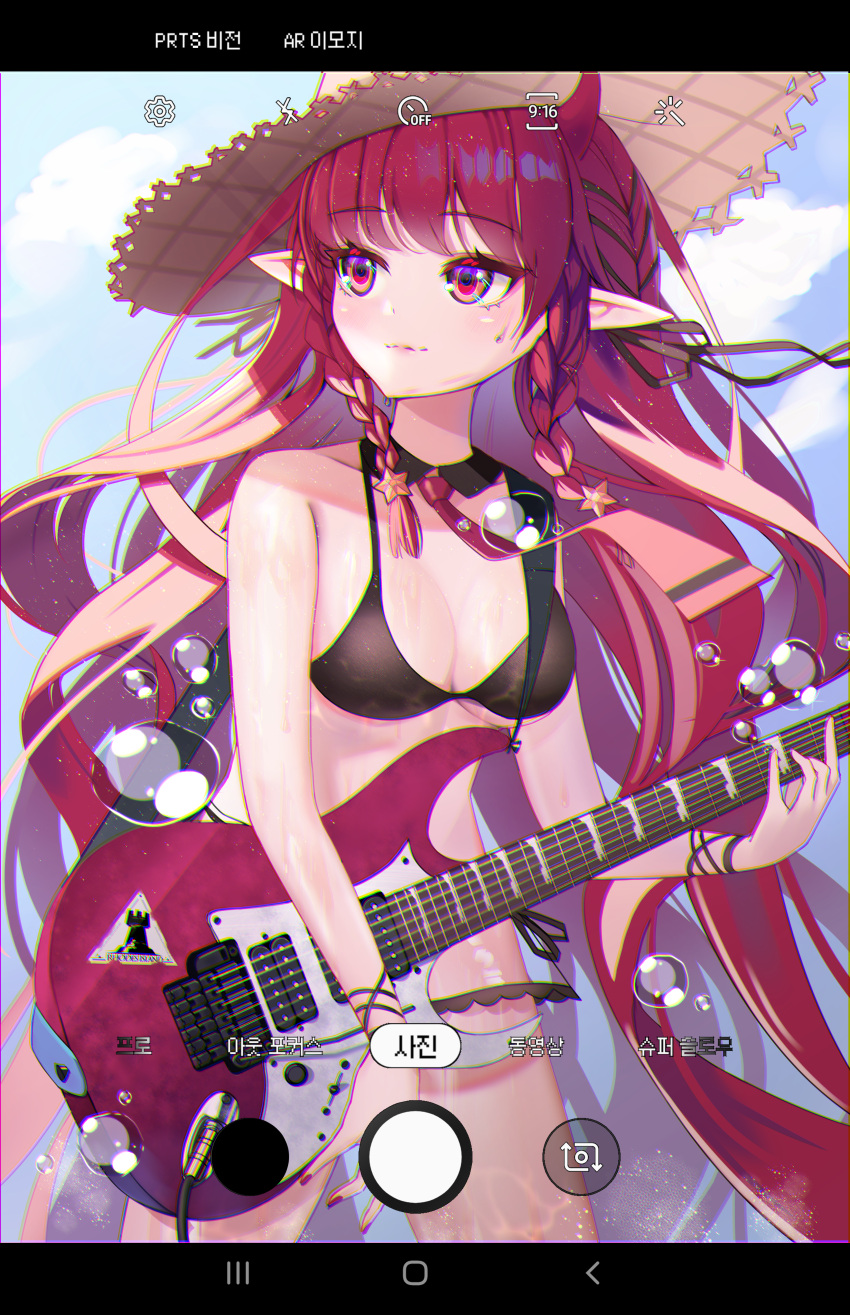 1girl arknights bikini blue_sky bubble camera cloud concert dripping electric_guitar elf gears guitar looking_at_another nail_polish phone phone_screen playing_instrument red_eyes red_hair star straw_hat summer sunlight sweat sweating_profusely swimsuit taking_picture thighs tie twin_braids twintails very_long_hair vigna_(arknights)