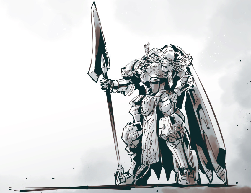from_side gilbatiga greyscale highres holding holding_polearm holding_weapon ishiyumi knight's_&amp;_magic lance looking_ahead mecha monochrome no_humans pelvic_curtain polearm shadow solo standing weapon