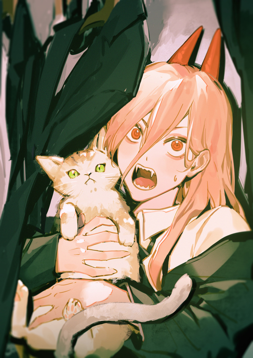 1girl absurdres animal argentum_1121 cat chainsaw_man clothes_hanger crosshair_pupils demon_girl fangs green_eyes hair_between_eyes highres holding holding_animal holding_cat horns open_mouth power_(chainsaw_man) red_horns shirt sleeves_past_wrists solo sweatdrop symbol-shaped_pupils teeth tongue twitter_username white_shirt