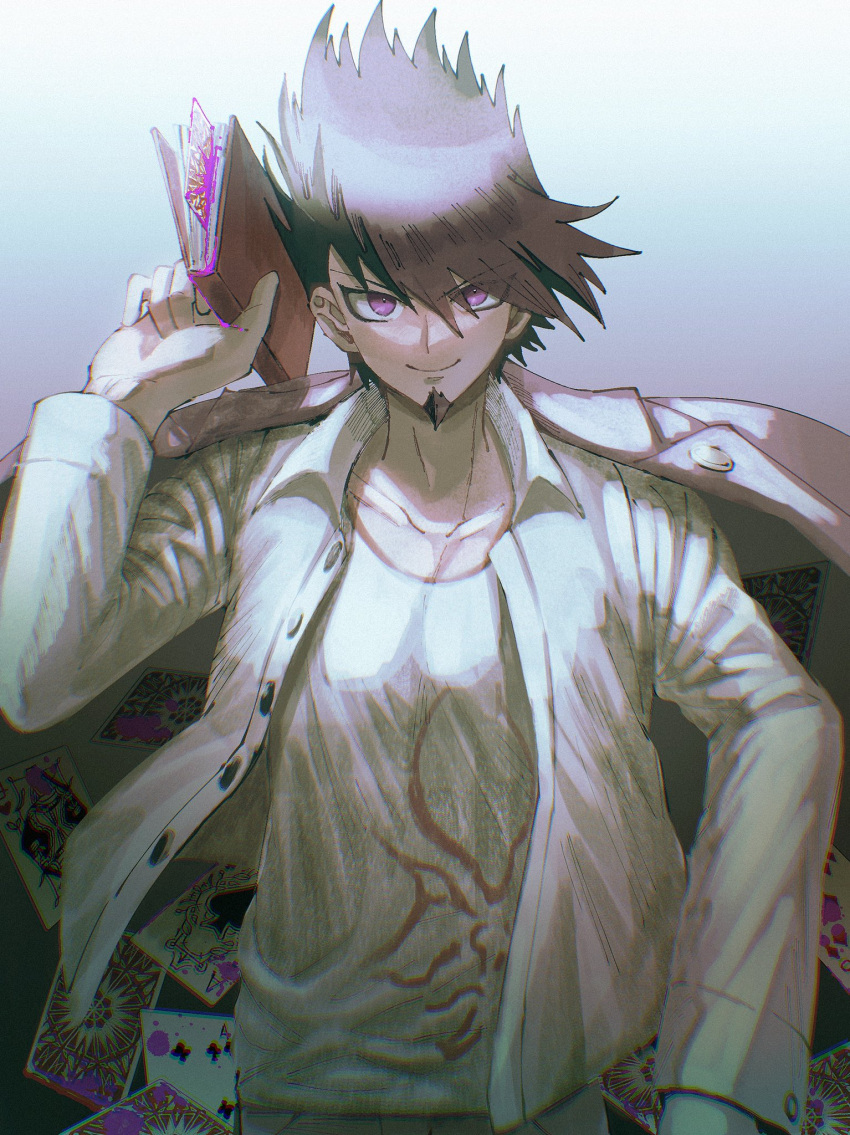 1boy bangs blood book card collarbone commentary_request danganronpa_(series) danganronpa_v3:_killing_harmony eyebrows_visible_through_hair facial_hair goatee gradient gradient_background grey_background grey_shirt hand_up highres holding holding_book jacket long_sleeves male_focus momota_kaito open_clothes open_jacket open_shirt pink_blood pink_eyes playing_card print_shirt shirt short_hair smile upper_body visket53 white_shirt