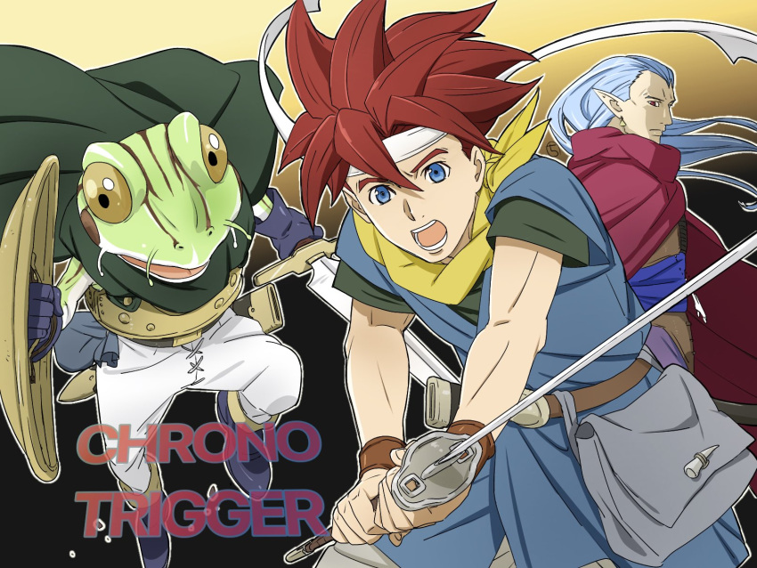 3boys blue_eyes blue_hair cape chrono_trigger closed_mouth crono_(chrono_trigger) earrings frog_(chrono_trigger) headband highres jewelry kobayashi_chizuru looking_at_viewer magus_(chrono_trigger) multiple_boys open_mouth pointy_ears redhead shield simple_background spiky_hair sword weapon