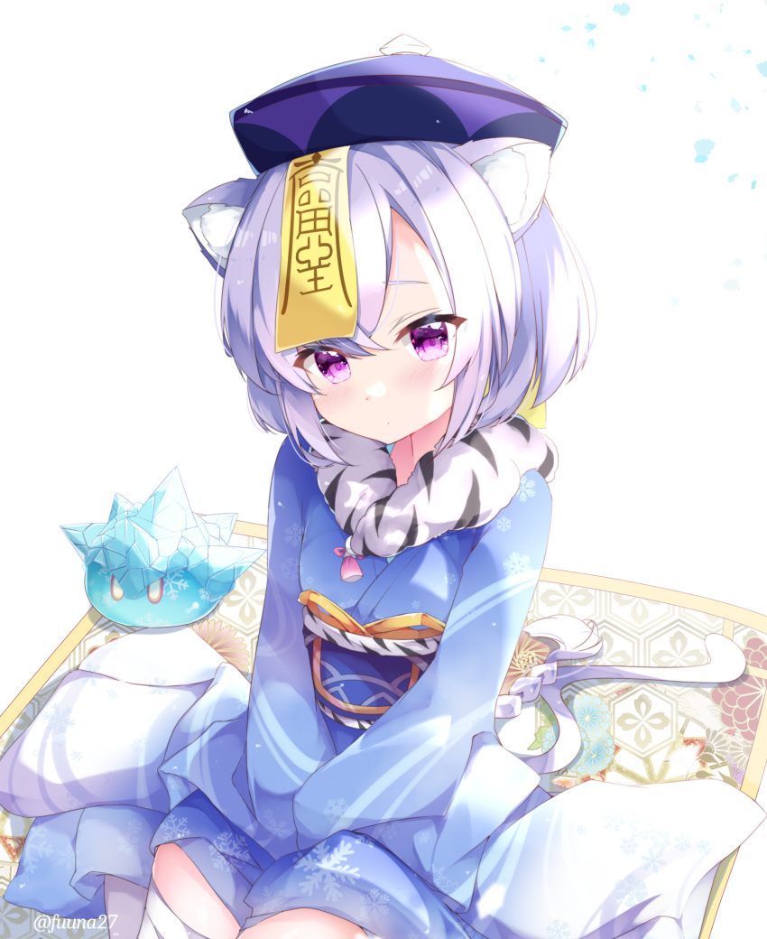 1girl absurdres animal_ear_fluff animal_ears bangs between_legs blue_kimono chinese_zodiac closed_mouth crystal eyebrows_visible_through_hair fuuna genshin_impact hair_between_eyes hand_between_legs hat highres japanese_clothes kemonomimi_mode kimono long_sleeves looking_at_viewer obi ofuda purple_hair purple_headwear qing_guanmao qiqi_(genshin_impact) sash simple_background sitting slime_(creature) solo thigh-highs tiger_ears violet_eyes wariza white_background white_legwear year_of_the_tiger