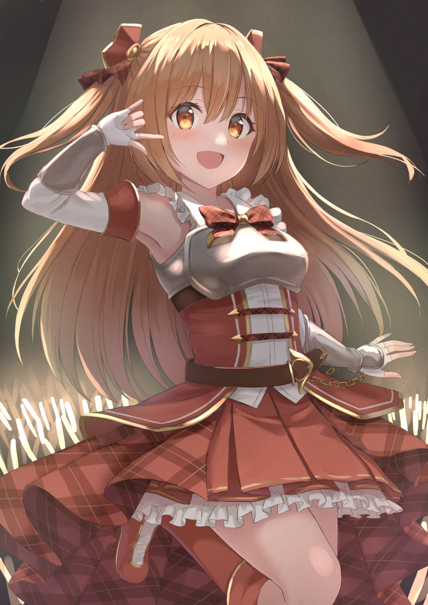 1girl \m/ absurdres blush bow breasts brown_eyes brown_hair eyebrows_visible_through_hair hair_ornament highres large_breasts long_hair looking_at_viewer nozomi_(princess_connect!) open_mouth princess_connect! red_bow ribbon smile twintails two_side_up yanazawa_ko