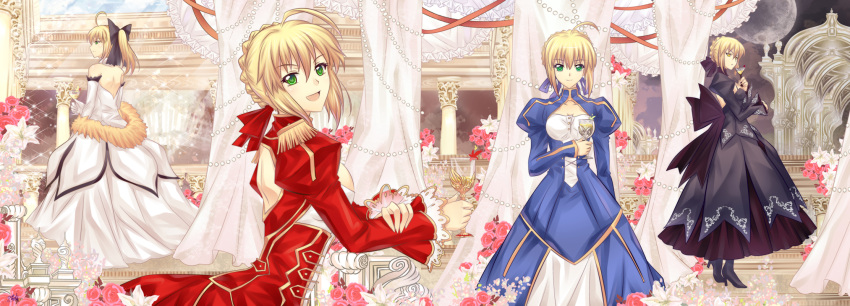 4girls aestus_estus ahoge armor armored_boots armored_dress artoria_pendragon_(all) bare_shoulders black_bow black_dress blonde_hair blue_bow blue_dress blush boots bow braid breasts brown_bow caliburn closed_mouth commentary_request dark_excalibur detached_sleeves dress excalibur facial_mark fate/extra fate/grand_order fate/stay_night fate/unlimited_codes fate_(series) gauntlets glowing glowing_sword glowing_weapon green_eyes hair_bow hair_bun hair_intakes hair_ribbon halodark highres holding holding_sword holding_weapon juliet_sleeves knee_boots light_brown_hair long_sleeves looking_at_viewer medium_breasts multiple_girls nero_claudius_(fate) nero_claudius_(fate)_(all) parted_lips puffy_short_sleeves puffy_sleeves red_dress red_ribbon ribbon saber saber_alter saber_lily short_sleeves sidelocks sleeveless sleeveless_dress sleeves_past_wrists small_breasts smile sword weapon white_dress white_sleeves wide_sleeves