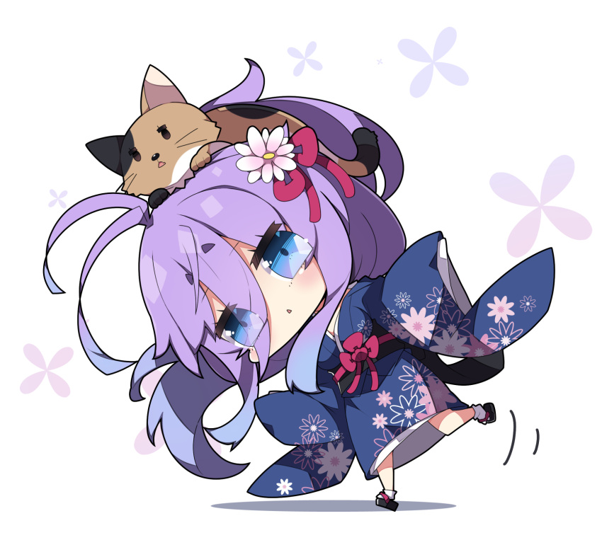 1girl animal animal_on_head antenna_hair bangs black_footwear blue_eyes blue_hair blue_kimono cat chibi commentary_request eyebrows_visible_through_hair eyes_visible_through_hair floral_background floral_print flower full_body fuyou-chan gradient_hair hair_flower hair_ornament hair_over_one_eye highres japanese_clothes kimono long_hair long_sleeves milkpanda multicolored_hair on_head original parted_lips pink_flower print_kimono purple_hair shadow short_eyebrows sleeves_past_fingers sleeves_past_wrists socks solo standing standing_on_one_leg tabi thick_eyebrows very_long_hair white_background white_flower white_legwear wide_sleeves zouri