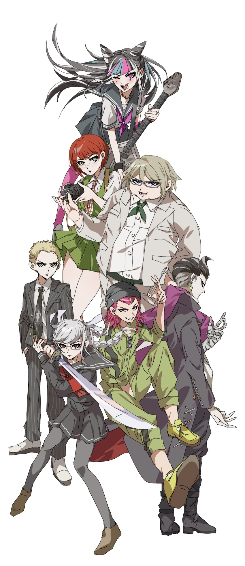 3girls 4boys absurdres asymmetrical_legwear bandaged_arm bandages belt black_hair black_headwear black_jacket black_necktie black_pants black_sailor_collar black_skirt blonde_hair blue_hair braid brown_belt brown_footwear camera collared_shirt danganronpa_(series) danganronpa_2:_goodbye_despair dress dress_shirt earrings fat fat_man formal freckles glasses green_dress grey_hair grey_jacket grin guitar hair_horns hair_ribbon hands_in_pockets highres holding holding_camera holding_sword holding_weapon instrument jacket jewelry jumpsuit katana koizumi_mahiru kuzuryuu_fuyuhiko long_hair mioda_ibuki mismatched_legwear multicolored_hair multiple_boys multiple_girls necklace necktie one_eye_closed open_mouth pants pantyhose pekoyama_peko piercing pinafore_dress pink_eyes pink_hair pink_scarf red_eyes redhead ribbon sailor_collar scarf school_uniform serafuku shirt shoes short_hair silver_hair simple_background skirt smile souda_kazuichi striped striped_jacket striped_pants suit sword tanaka_gandamu teeth thigh-highs togami_byakuya_(danganronpa_2) torn_clothes torn_legwear twin_braids two-tone_hair weapon white_hair white_shirt zetsujo_(mayoilove2)