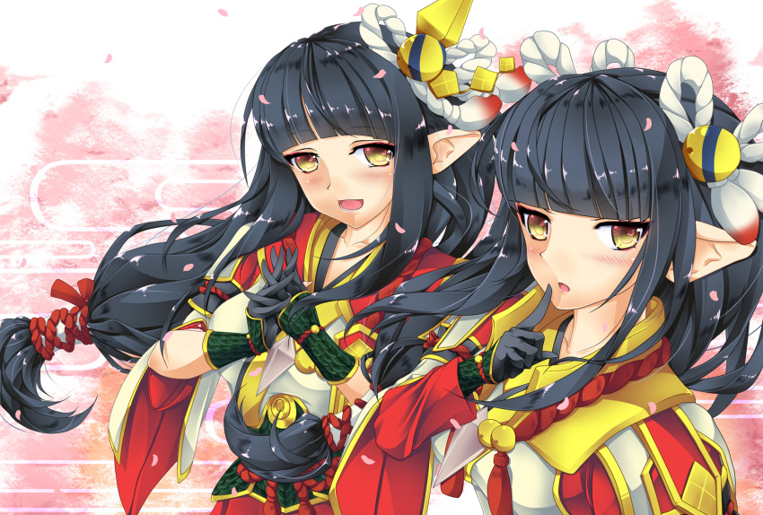 2girls akaironomako bangs black_gloves black_hair blunt_bangs blush breasts closed_mouth commentary cowboy_shot eyebrows_visible_through_hair eyeshadow gloves gold_trim grey_background hair_ornament hinoa holding_hands interlocked_fingers japanese_clothes large_breasts long_hair looking_at_viewer makeup medium_breasts minoto monster_hunter_(series) monster_hunter_rise multiple_girls parted_lips pointy_ears red_eyeshadow siblings sidelocks simple_background sisters smile straight_hair tassel tsurime twins wide_sleeves yellow_eyes