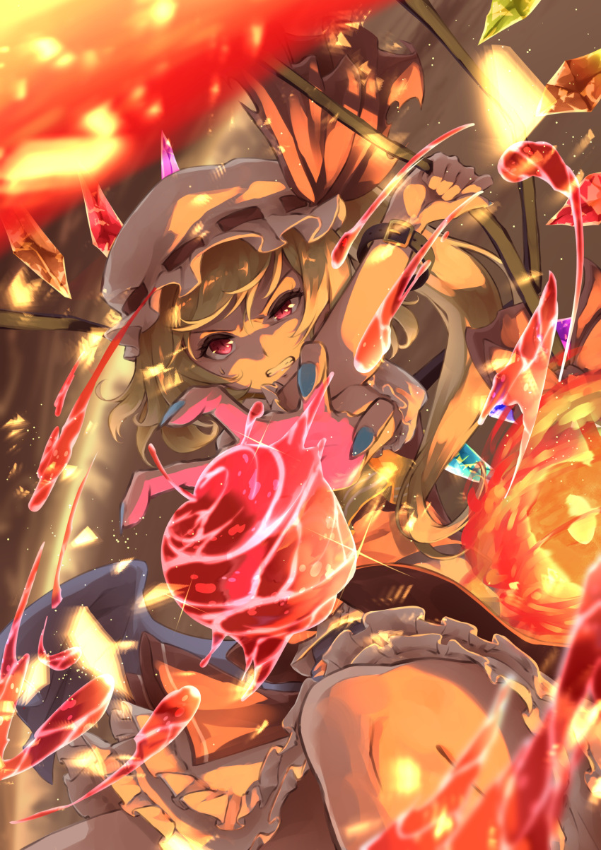 1girl absurdres apple bangs blonde_hair blue_nails buckle clenched_teeth commentary_request crossed_arms crystal feet_out_of_frame fingernails fire flandre_scarlet food frilled_skirt frilled_sleeves frills fruit hair_between_eyes hand_up hat hat_ribbon highres knees laevatein_(touhou) light_particles long_hair looking_at_viewer mixed-language_commentary mob_cap otomeza_ryuseigun ponytail pov puffy_short_sleeves puffy_sleeves red_footwear red_pupils red_skirt red_vest ribbon ribbon-trimmed_legwear ribbon_trim serious sharp_fingernails shirt shoes short_hair short_sleeves side_ponytail sidelocks skirt sleeveless sleeveless_shirt slit_pupils solo teeth touhou vest white_legwear white_shirt wings wristband