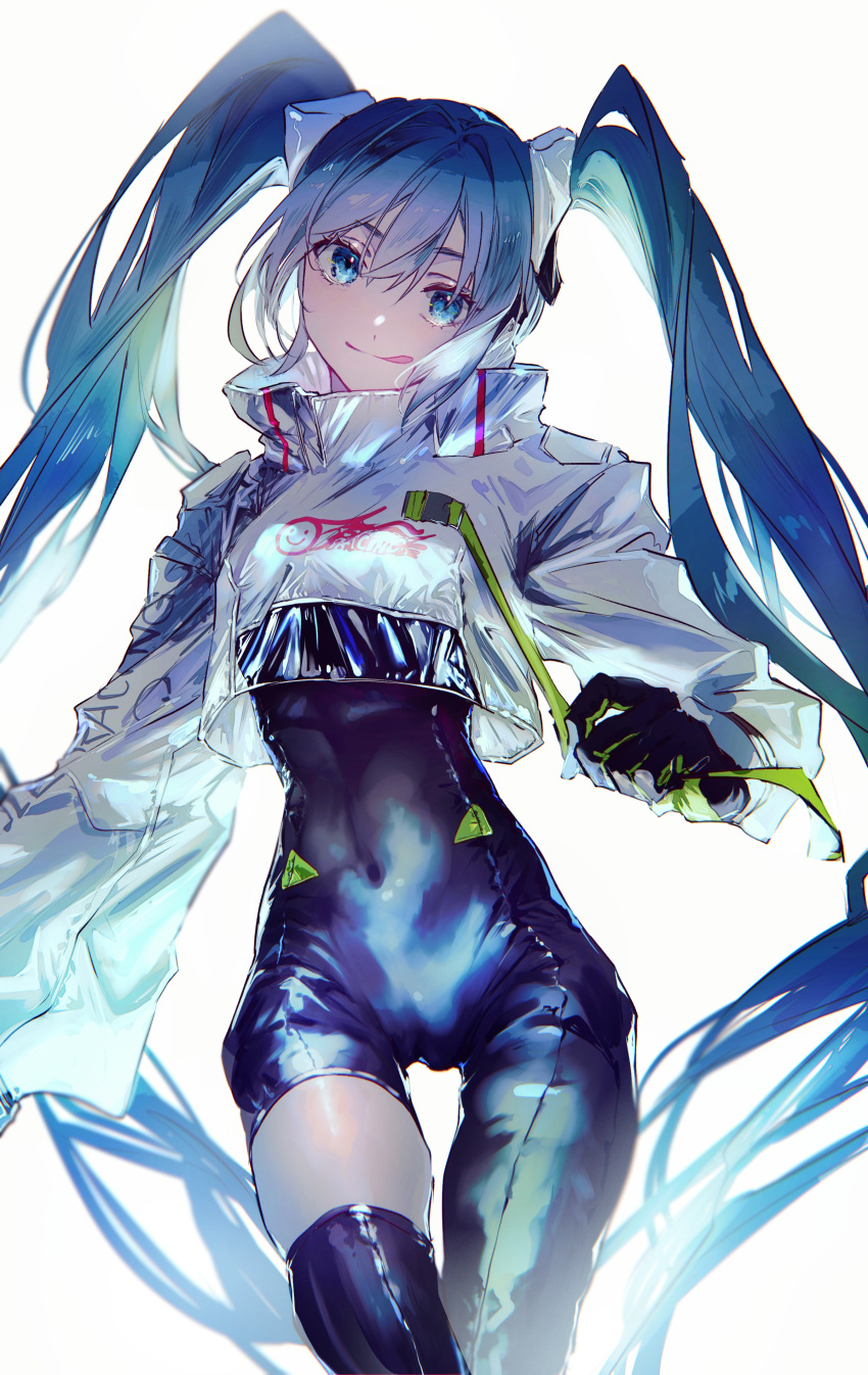 1girl :d absurdres aqua_eyes aqua_hair asymmetrical_legwear black_gloves black_legwear black_leotard commentary cowboy_shot cropped_jacket gloves goodsmile_racing green_gloves hatsune_miku head_tilt high_collar highres jacket karanagare_4 leotard logo long_hair looking_at_viewer navel racing_miku racing_miku_(2022) single_thighhigh skindentation smile smiley_face solo thigh-highs thigh_gap tongue tongue_out twintails very_long_hair vocaloid white_jacket