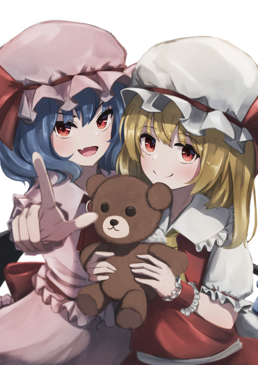 2girls :o arm_at_side arm_up ascot bangs bat_wings blonde_hair blue_hair blush brooch commentary_request eyebrows_visible_through_hair fang feet_out_of_frame flandre_scarlet frilled_shirt_collar frilled_sleeves frills hair_between_eyes hat hat_ribbon heart highres holding holding_stuffed_toy jewelry mob_cap multiple_girls open_mouth pink_headwear pink_shirt pink_skirt pointing pointing_at_viewer puffy_short_sleeves puffy_sleeves red_ascot red_eyes red_skirt red_vest remilia_scarlet ribbon shirt short_hair short_sleeves siblings side_ponytail simple_background sisters skin_fang skirt skirt_set smile stuffed_animal stuffed_toy teddy_bear tongue totoraisu touhou upper_body vest white_background white_headwear white_shirt wings wrist_cuffs yellow_ascot