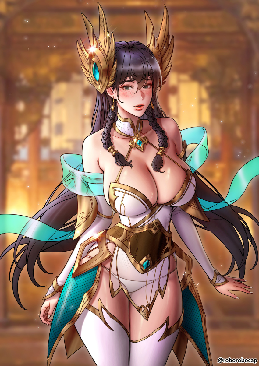 1girl absurdres bangs bare_shoulders black_hair blue_eyes blush braid breasts choker collarbone contrapposto cowboy_shot detached_sleeves dress earrings eyebrows_visible_through_hair fantasy french_braid gem gold hair_between_eyes halter_dress halterneck headgear highres irelia jewelry large_breasts league_of_legends lips long_hair long_sleeves looking_at_viewer nose_blush panties parted_lips pelvic_curtain revealing_clothes robocap sash see-through skindentation solo string_panties thigh-highs thighs twin_braids twitter_username underwear very_long_hair white_choker white_dress white_legwear white_nails white_panties white_sleeves
