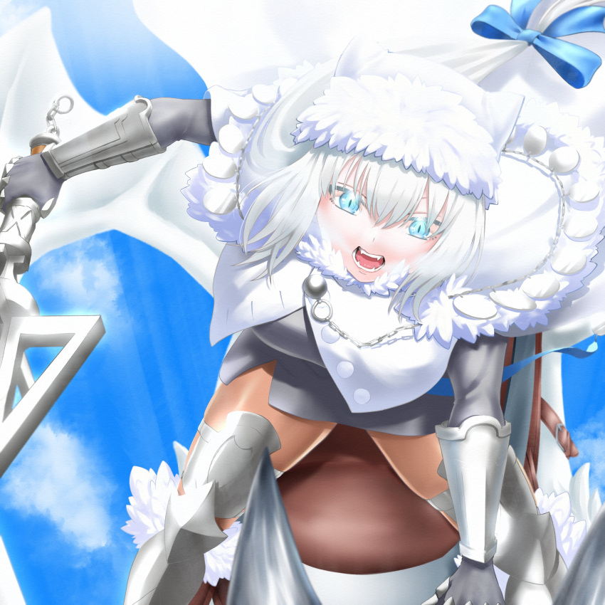 1girl _lool_hello absurdres animal_ears armored_boots bangs blue_bow blue_eyes blue_ribbon blush boots bow breasts brown_legwear buttons cape capelet cat_ears cat_girl cat_tail crop_top crop_top_overhang dobrynya_nikitich_(fate) dress fate/grand_order fate_(series) fur-trimmed_capelet fur-trimmed_headwear fur_trim gauntlets grey_dress h_null_ hair_bow hat highres knee_boots large_breasts long_hair long_sleeves looking_at_viewer low_ponytail mace medium_breasts open_mouth pantyhose ribbon short_dress smile solo tail thighs weapon white_cape white_capelet white_hair white_headwear