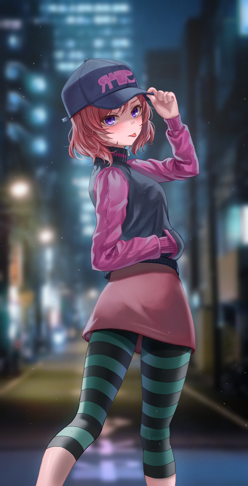 1girl absurdres ass baseball_cap black_headwear blurry blurry_background casual feet_out_of_frame hand_in_pocket hand_on_headwear hat highres long_sleeves looking_at_viewer looking_back love_live! love_live!_school_idol_project nishikino_maki pants purple_hair red_skirt redhead short_hair skirt solo standing striped striped_legwear sweater tight tight_pants tongue tongue_out turtleneck turtleneck_sweater two-tone_sweater yj