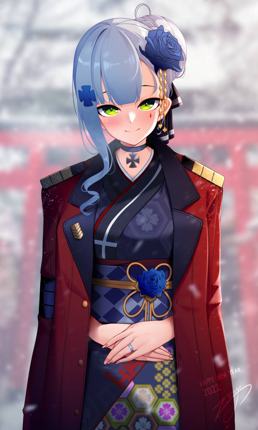 1girl 2022 absurdres alternate_costume alternate_hairstyle black_choker black_kimono black_ribbon blue_flower blue_rose blush choker closed_mouth coat coat_on_shoulders cross day eyebrows_behind_hair facial_mark flower girls_frontline green_eyes hair_bun hair_flower hair_ornament hair_ribbon hands_on_own_stomach happy_new_year highres hk416_(girls'_frontline) iron_cross japanese_clothes jewelry kimono long_hair looking_at_viewer new_year obi open_clothes open_coat outdoors own_hands_together print_kimono red_coat ribbon ring rose sash signature silver_hair single_sidelock smile snowing solo torii winter yukata z.taiga