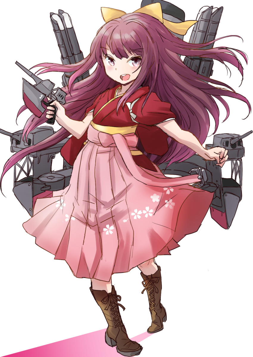 1girl adapted_turret boots bow cannon cross-laced_footwear fuji_(pixiv24804665) full_body hair_bow hakama highres japanese_clothes kamikaze_(kancolle) kantai_collection kimono lace-up_boots long_hair machinery meiji_schoolgirl_uniform pink_hakama purple_hair red_kimono simple_background solo turret violet_eyes white_background yellow_bow