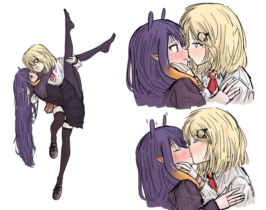 2girls black_legwear blonde_hair blue_eyes blush carrying closed_eyes commentary ear_blush english_commentary eye_contact face-to-face facing_another from_side gradient_hair highres hololive hololive_english kiss long_hair long_sleeves looking_at_another medium_hair mole mole_under_eye multicolored_hair multiple_girls multiple_views ninomae_ina'nis orange_hair pantyhose pointy_ears princess_carry profile purple_hair purple_legwear ribbed_sleeves sidelocks swoog tentacle_hair thigh-highs very_long_hair virtual_youtuber watson_amelia white_background yuri
