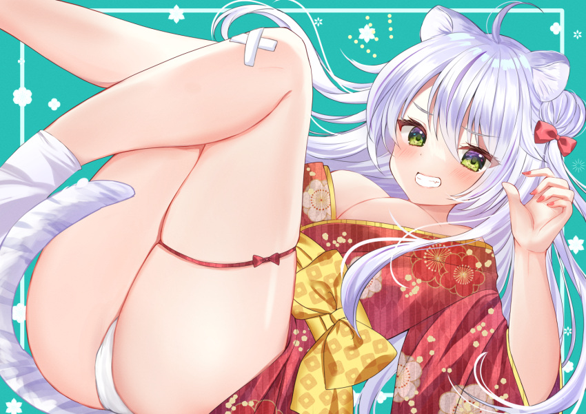 1girl ahoge animal_ears ass bandaid bandaid_on_knee bangs breasts commentary_request eyebrows_visible_through_hair feet_out_of_frame floral_print green_background green_eyes grin hair_between_eyes hamico highres japanese_clothes kimono long_hair looking_at_viewer lying medium_breasts nail_polish on_back original panties print_kimono red_kimono smile solo tail teeth thigh_strap thighs underwear white_hair white_panties