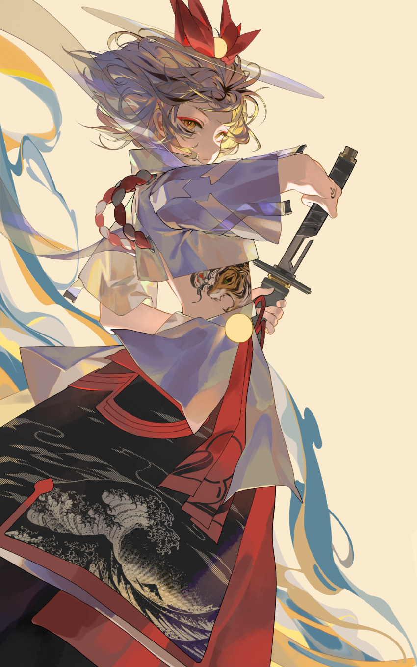 1girl blonde_hair commentary drawing_sword eyelashes eyeliner feet_out_of_frame floating_hair hat highres hillly_(maiwetea) holding holding_sword holding_weapon japanese_clothes looking_at_viewer makeup messy_hair midriff serious sheath short_hair simple_background solo standing sword tattoo tiger_tattoo toramaru_shou touhou unsheathing weapon yellow_background yellow_eyes