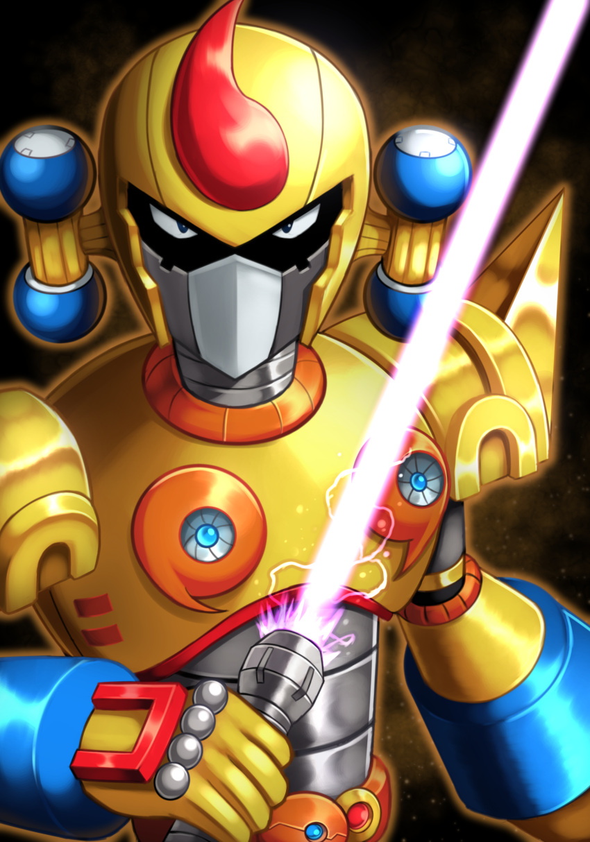 1boy absurdres bit_(mega_man) black_eyes energy_sword helmet highres holding holding_sword holding_weapon lightsaber looking_at_viewer male_focus mega_man_(series) mega_man_x3 mega_man_x_(series) mega_man_x_dive mixed-language_commentary robot silverchariotx solo sword upper_body weapon