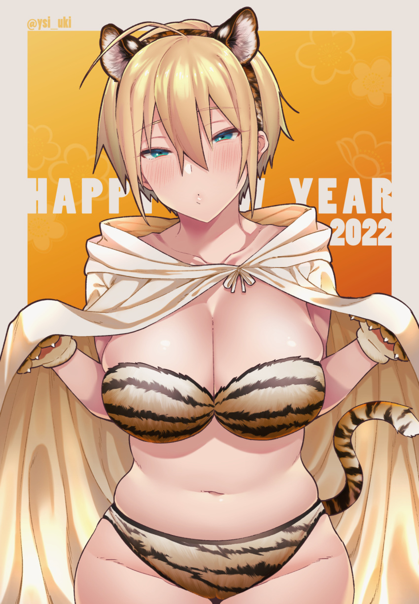 1girl 2022 ahoge animal_ears animal_hands bangs blonde_hair blush breasts cape chinese_zodiac collarbone cowboy_shot eyebrows_visible_through_hair fake_animal_ears genderswap genderswap_(mtf) gloves green_eyes groin hair_between_eyes hairband half-closed_eyes hands_up happy_new_year hato_yu-ki highres hood hood_down hooded_cape jacket large_breasts looking_at_viewer midriff_peek navel new_year orange_background outside_border paw_gloves puckered_lips short_hair short_shorts shorts skindentation solo strapless striped striped_shorts tail tiger_ears tiger_girl tiger_stripes tiger_tail touken_ranbu w_arms white_cape yamanbagiri_kunihiro year_of_the_tiger