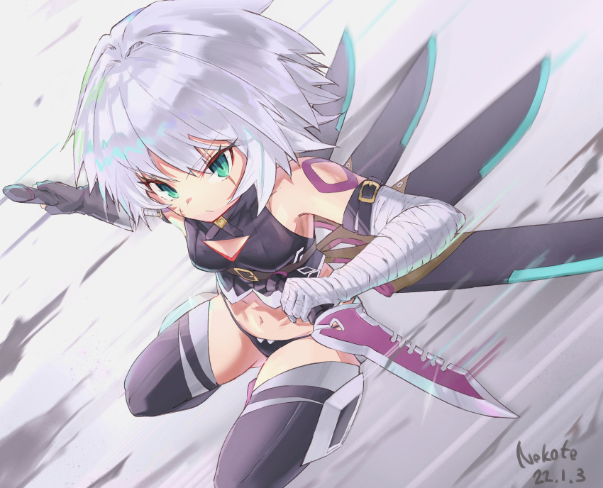 1girl absurdres asymmetrical_gloves bare_shoulders black_footwear black_panties closed_mouth dated dual_wielding eyebrows_visible_through_hair fate/apocrypha fate/grand_order fate_(series) gloves green_eyes highres holding jack_the_ripper_(fate/apocrypha) knife looking_at_viewer melt_(ghfla10) navel panties scar scar_across_eye short_hair silver_hair solo thigh-highs underwear