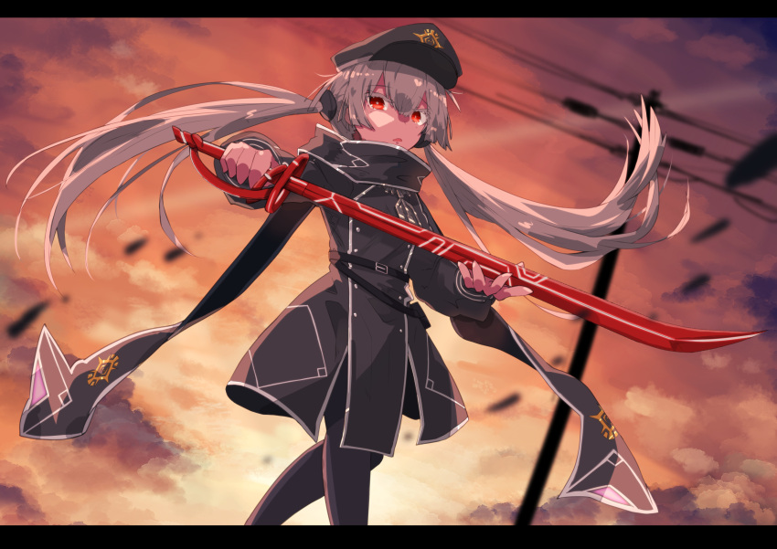 1girl absurdres bangs black_cape black_headwear black_jacket black_scarf blush boots cape closed_mouth crossed_legs duel_monster eyebrows_visible_through_hair fuji_amiha glowing glowing_sword glowing_weapon grey_hair hair_between_eyes hat highres jacket long_hair looking_at_viewer low_twintails peaked_cap pelt red_eyes scarf silver_hair sky_striker_ace_-_roze solo twintails two-tone_background two-tone_dress upper_body weapon white_background yu-gi-oh! yuu-gi-ou