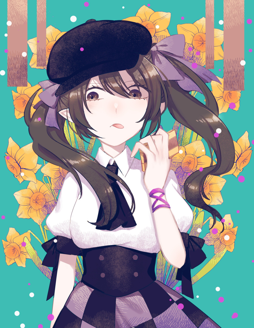 1girl absurdres ascot black_ascot black_neckwear black_skirt blue_background breasts brown_eyes brown_hair cabbie_hat cellphone checkered_clothes checkered_skirt collared_shirt flower hat highres himekaidou_hatate long_hair medium_breasts narcissus_(flower) phone puffy_short_sleeves puffy_sleeves purple_skirt shirt short_sleeves skirt solo tongue tongue_out toraneko_2 touhou twintails white_shirt