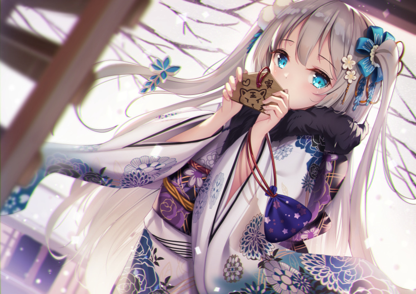 1girl bangs bare_tree blue_eyes blue_ribbon blush commentary_request day dutch_angle ema eyebrows_visible_through_hair floral_print flower fur_collar hair_bobbles hair_flower hair_ornament hair_ribbon highres holding japanese_clothes kimono long_hair long_sleeves looking_at_viewer new_year obi original outdoors pouch print_kimono ribbon sash silver_hair solo straight_hair tree two_side_up very_long_hair white_flower white_kimono wide_sleeves winter yan_(nicknikg)