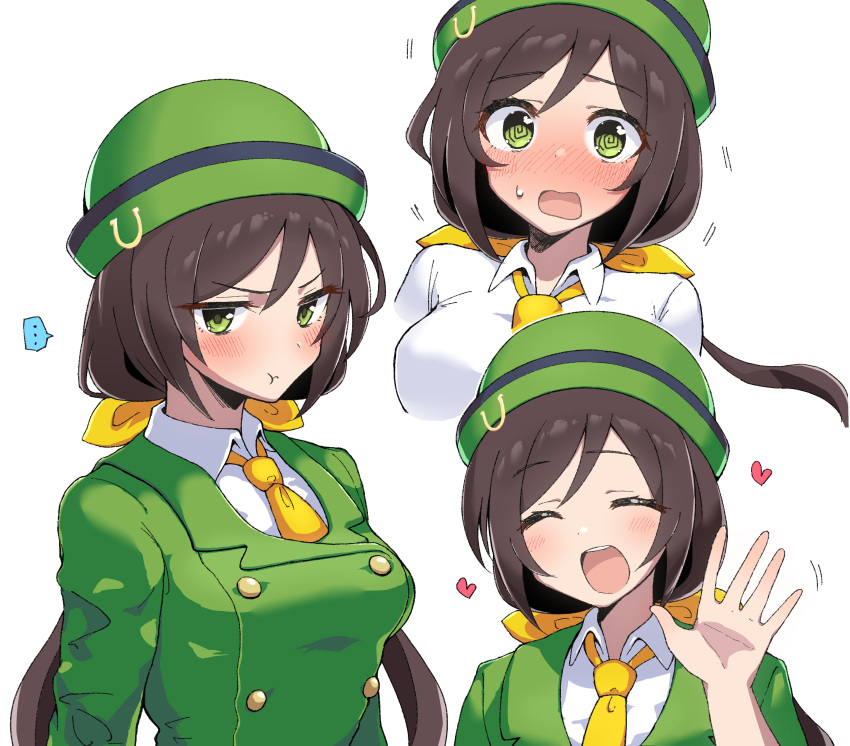 ... 1girl :t @_@ absurdres bangs blush bowler_hat breasts brown_hair buttons closed_eyes collared_shirt commentary_request double-breasted green_eyes green_headwear green_jacket hat hayakawa_tazuna heart highres jacket jitome large_breasts long_hair looking_at_viewer maruzen18 multiple_views necktie nose_blush open_mouth pout shirt short_hair smile spoken_ellipsis sweatdrop umamusume upper_body v-shaped_eyebrows waving white_shirt yellow_necktie