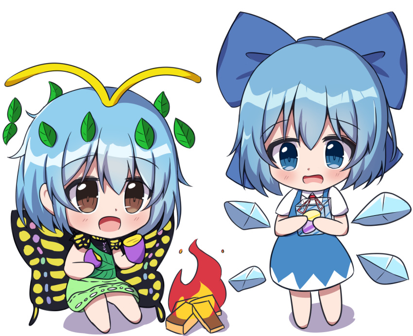 2girls antennae aqua_hair blue_bow blue_dress blue_eyes blue_hair blush bow brown_eyes butterfly_wings chaleu chibi cirno detached_wings dress eternity_larva eyebrows_visible_through_hair fairy fire food green_dress hair_between_eyes hair_bow holding holding_food holding_vegetable ice ice_cube ice_wings korean_commentary leaf leaf_on_head multicolored_clothes multicolored_dress multiple_girls open_mouth shirt short_hair short_sleeves simple_background single_strap smile sweet_potato touhou vegetable white_background white_shirt wings