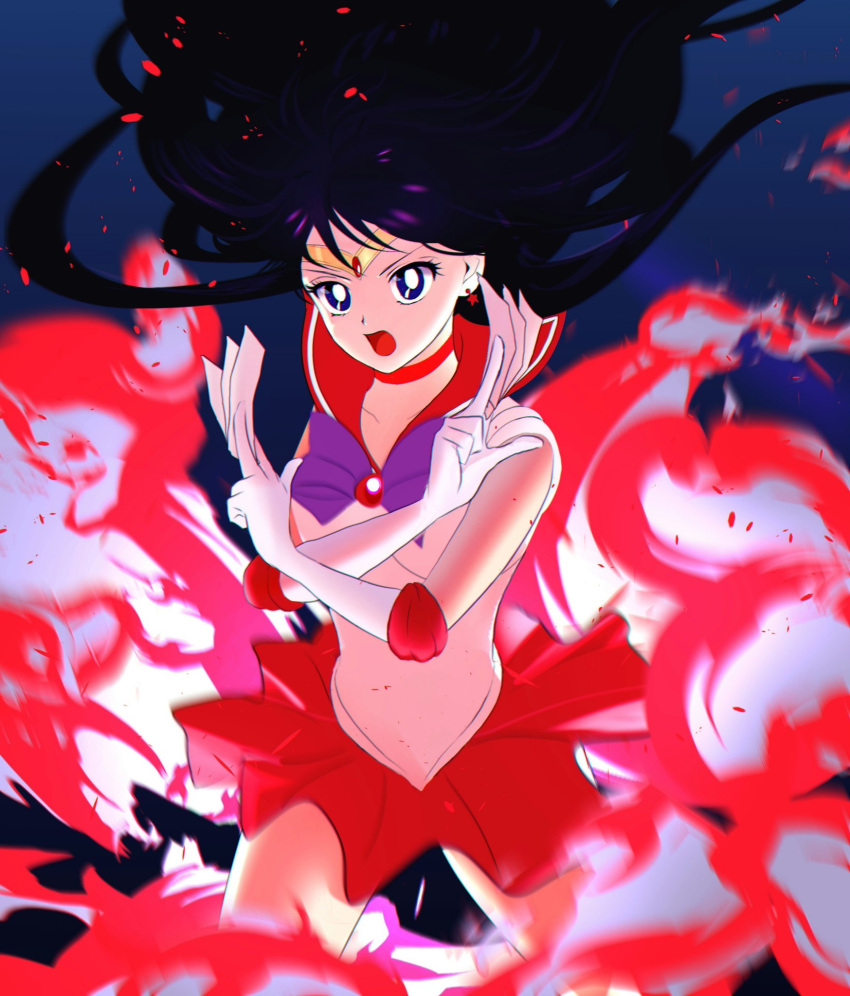 1girl bishoujo_senshi_sailor_moon black_hair bow choker commentary_request earrings elbow_gloves feet_out_of_frame gloves high_heels highres hino_rei jewelry leotard lips looking_at_viewer namisonpictures pink_background purple_bow purple_eyes red_choker red_footwear red_sailor_collar red_skirt sailor_collar sailor_mars sailor_senshi_uniform skirt smile solo star_(symbol) star_earrings tiara white_gloves white_leotard