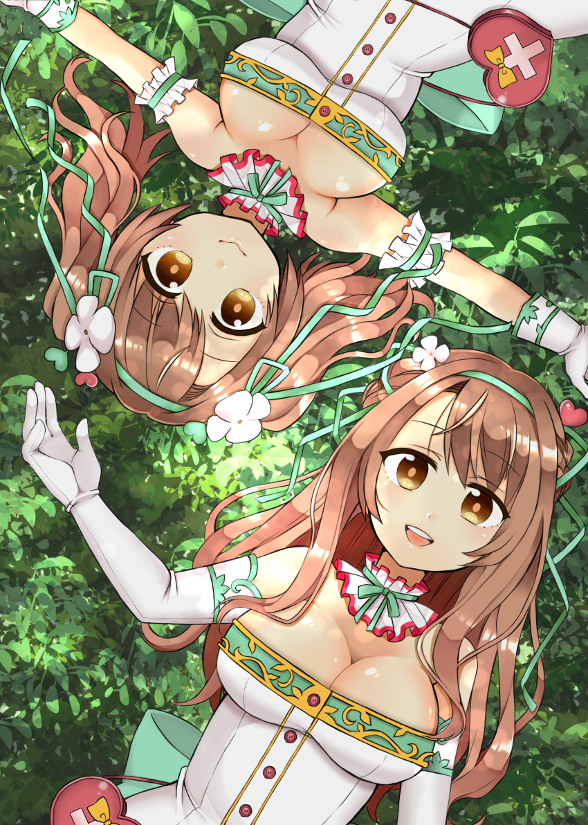 2girls absurdres armlet back_bow bag bow bowtie breasts brown_hair detached_collar dress elbow_gloves flower flower_knight_girl frills gloves green_background green_bow green_hairband hair_flower hair_ornament hairband highres indie_virtual_youtuber large_breasts long_hair lying medium_hair multiple_girls nazuna_(flower_knight_girl) on_back oppai_loli osanai_nazuna outstretched_arms shiny shiny_skin spread_arms symmetry takamatsu_tsukasa twintails upper_body virtual_youtuber white_dress white_gloves