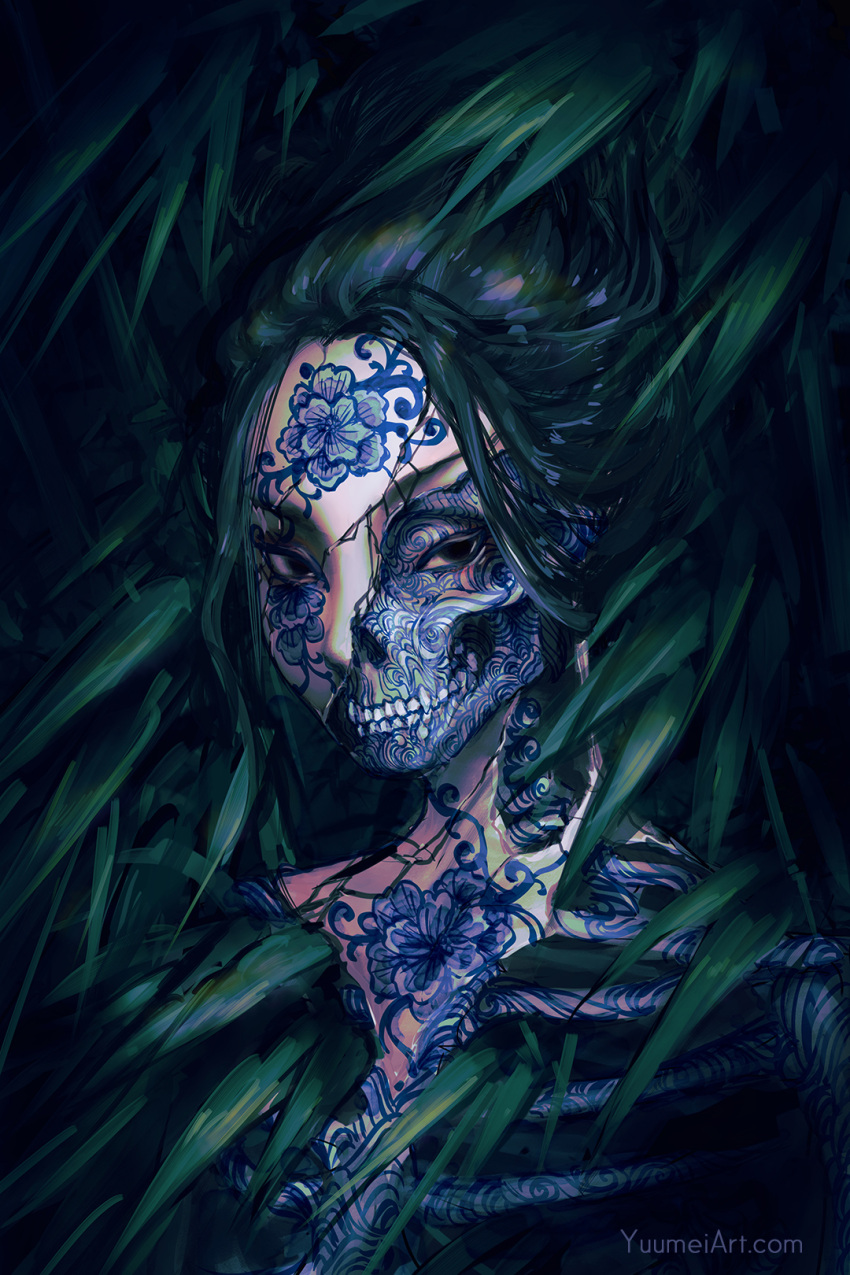 1girl black_eyes black_hair broken_skin collarbone commentary crack cracked_skin english_commentary facial_tattoo highres long_hair looking_at_viewer nude original plant solo tattoo teeth upper_body watermark web_address yuumei