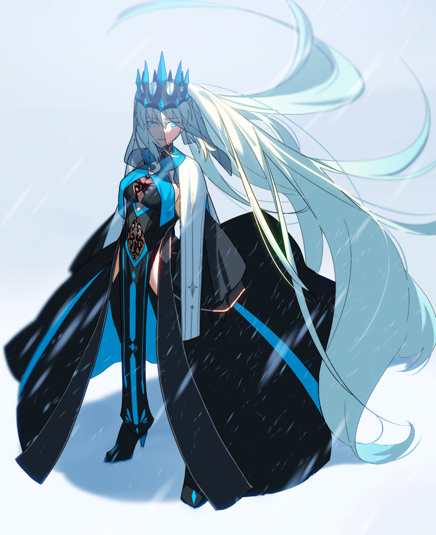 1girl alternate_costume black_dress blue_eyes blue_lips braid breasts crown dress eyebrows_visible_through_hair fate/grand_order fate_(series) full_body hair_between_eyes high_heels highres lipstick long_hair looking_at_viewer makeup medium_breasts morgan_le_fay_(fate) official_alternate_costume ponytail sen_(77nuvola) silver_hair simple_background solo thigh-highs veil wide_sleeves