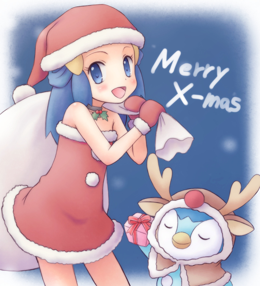 1girl :d absurdres alternate_costume bare_arms blue_eyes blue_hair blush box choker christmas commentary_request dress eyelashes gift gift_box hat highres hikari_(pokemon) holding holding_sack holly hood hood_up kabisuke long_hair looking_at_viewer merry_christmas open_mouth piplup pokemon pokemon_(anime) pokemon_(creature) pokemon_dppt_(anime) red_dress red_headwear red_mittens sack santa_hat smile strapless strapless_dress tongue