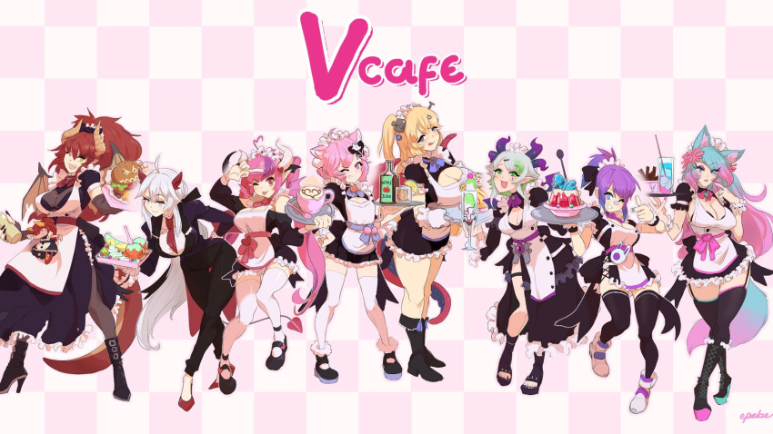 6+girls :3 animal_ears apron black_footwear black_jacket black_legwear blue_hair boots breasts bsapricot_(vtuber) cleavage_cutout clothing_cutout colored_inner_hair dragon_girl dragon_horns dragon_tail english_commentary epebe everyone eyebrows_visible_through_hair fang flat_chest fur_trim green_eyes green_hair high_heel_boots high_heels highres hime_hajime horns ironmouse jacket large_breasts latte_art leaning_forward long_hair looking_at_viewer maid maid_apron maid_headdress medium_breasts melody_(projektmelody) multicolored_hair multiple_girls nyatasha_nyanners open_mouth purple_hair redhead short_sidetail silvervale skin_fang smile streaked_hair tail thigh-highs tongue tongue_out vei_(vtuber) very_long_hair virtual_youtuber vshojo white_legwear wolf_ears wolf_girl wolf_tail zentreya_(vtuber)