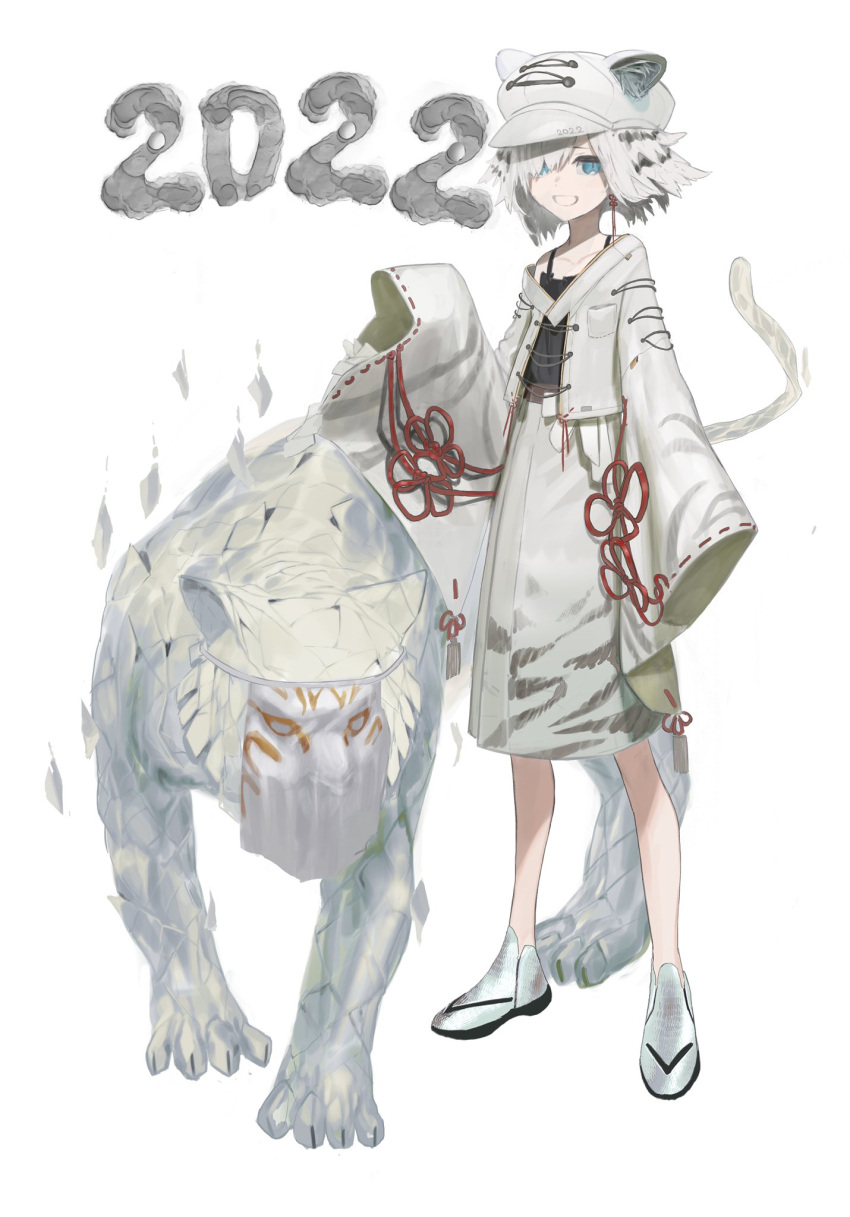 1girl 2022 animal_ears blue_eyes cat_ears chinese_zodiac coat dated earrings hand_up hat highres jewelry looking_at_viewer new_year original oversized_clothes ribbon striped tail tail_raised tiger tiger_ears tiger_girl tiger_stripes tiger_tail toriseka white_background white_hair year_of_the_tiger
