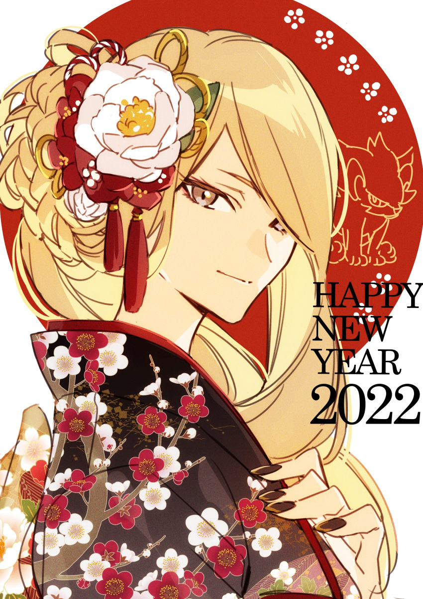 1girl 2022 absurdres alternate_costume alternate_hairstyle blonde_hair brown_eyes brown_nails closed_mouth commentary cynthia_(pokemon) eyelashes floral_print flower from_side hair_flower hair_ornament happy_new_year highres japanese_clothes kimono long_hair luxray nail_polish new_year pokemon pokemon_(game) pokemon_dppt smile solo upper_body white_flower xia_(ryugo)