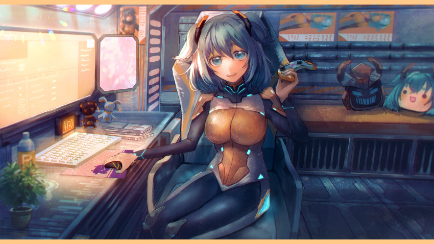 1girl absurdres aria_rin bangs blue_eyes blue_hair bottle breasts commission controller english_commentary head_tilt highres holding holding_controller indie_virtual_youtuber keyboard_(computer) looking_at_viewer medium_breasts monitor mouse_(computer) open_mouth pilot_suit second-party_source sitting skeb_commission smile solo stuffed_animal stuffed_bunny stuffed_toy syouyugoblin teddy_bear virtual_youtuber water_bottle