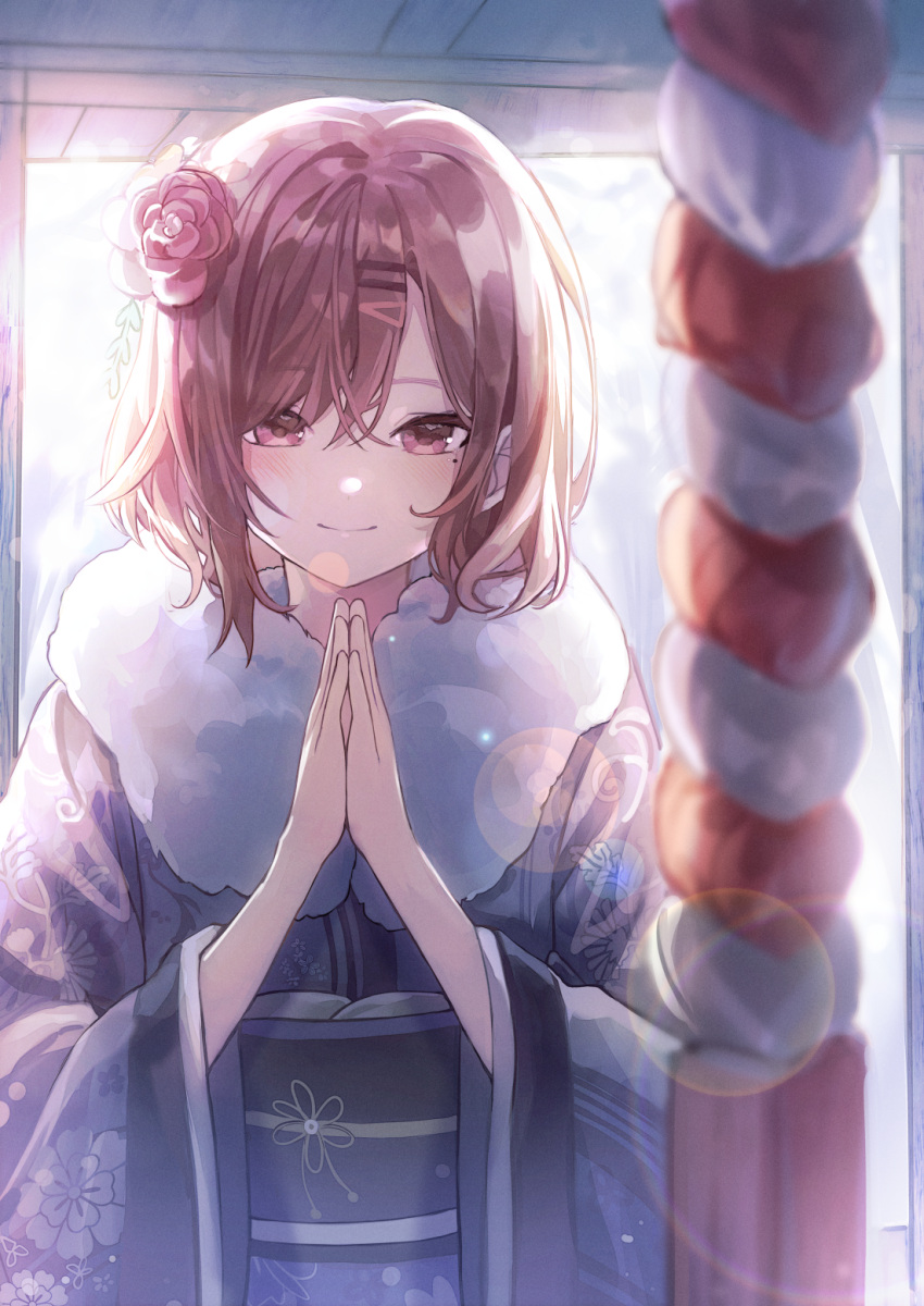 1girl bangs blush closed_mouth floral_print flower hair_flower hair_ornament hairclip highres higuchi_madoka idolmaster idolmaster_shiny_colors japanese_clothes kimono lisi long_sleeves looking_at_viewer medium_hair mole mole_under_eye own_hands_together purple_hair smile solo violet_eyes wide_sleeves